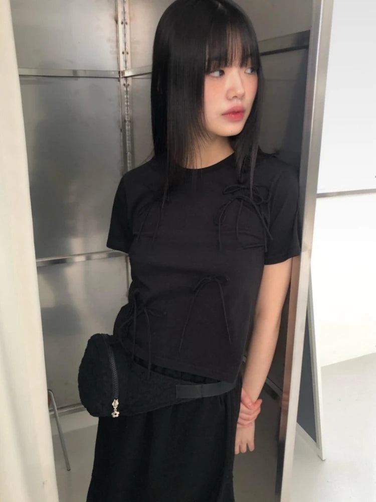Y2k Aesthetic Vintage Summer Bow Tees  Women Harajuku Grunge Bottoming Crop Top 2025 Slim Streetwear Solid Sweet Cute Tshirts