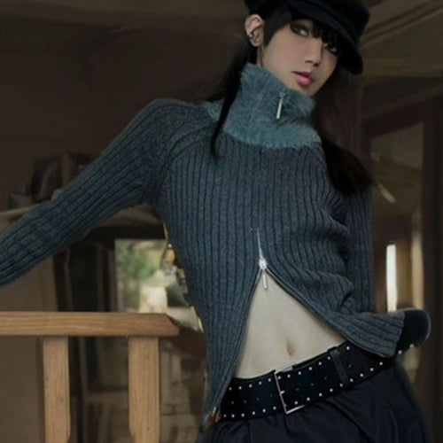 Load image into Gallery viewer, Y2k Aesthetic Patchwork Fur Slim Fit Cardigan Turtleneck Streetwear Grey Crop Tops Double Zippers Autumn Grunge Vintage Sweater
