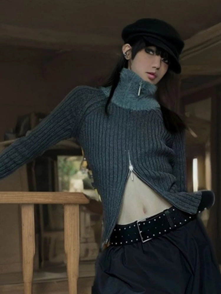 Y2k Aesthetic Patchwork Fur Slim Fit Cardigan Turtleneck Streetwear Grey Crop Tops Double Zippers Autumn Grunge Vintage Sweater