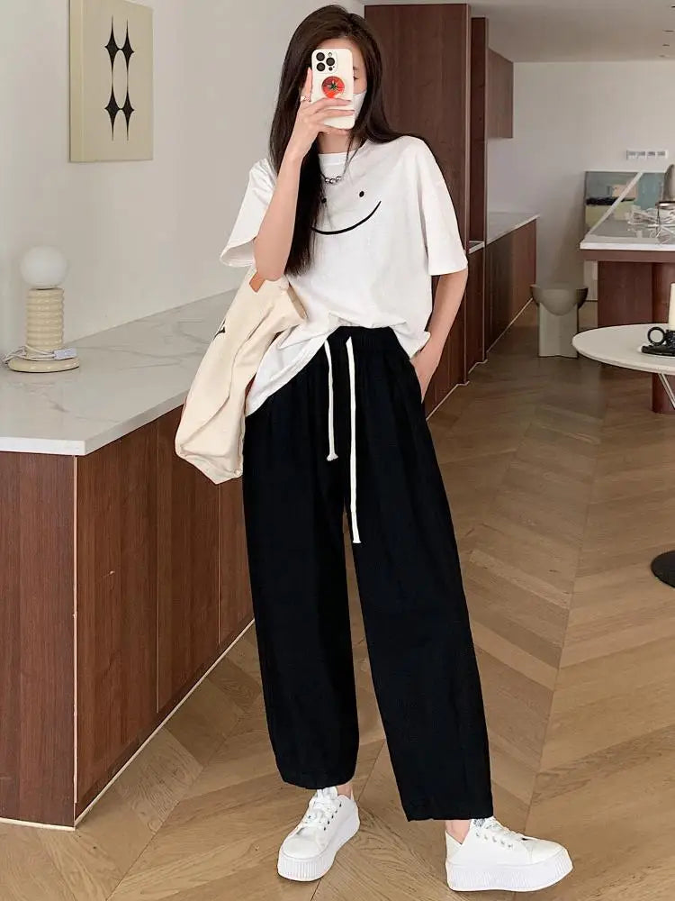 Black White High Waist Big Size Drawstring Harem Ankle-length Pant Women Spring Summer Brown Baggy Korean Casual Sweatpants New
