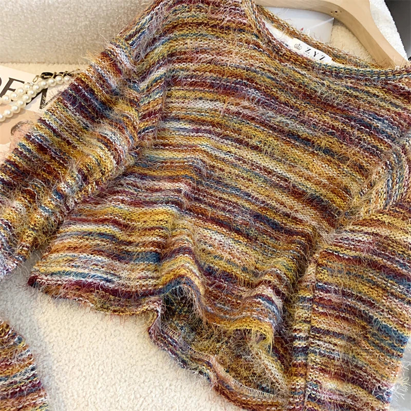 Autumn Winter Vintage O-neck Long Sleeve Casual Mink Striped Patchwork Sweater Women Knitted Pullovers Short Top Boho French Y2k