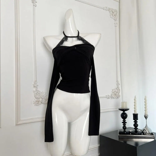 Load image into Gallery viewer, Vintage Black Lace Off Shoulder Elegant Halter Lace-up Knit Tops French Autumn Purple Backless Long Sleeve Festival T Shirt Chic
