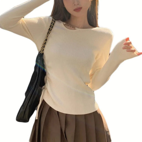 Load image into Gallery viewer, y2k Aesthetic Tops Women Clothes Solid Color Metal Chain Decor Round Neck Long Sleeve Knitted T Shirts 2000s Streetwear
