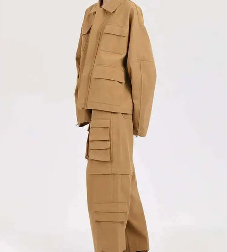 Khaki Big Size Coat Wide Leg Pants Two Piece Suit New Lapel Long Sleeve Women Fashion Tide Spring Autumn 2025 28W105