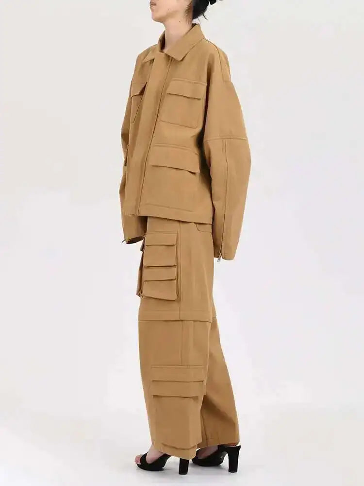 Khaki Big Size Coat Wide Leg Pants Two Piece Suit New Lapel Long Sleeve Women Fashion Tide Spring Autumn 2025 28W105