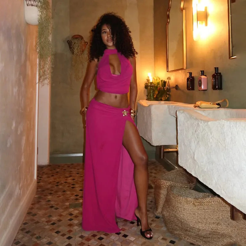 Sexy Sleeveless Skirt Two Pieces Sets For Women Metal Buckle Backless Tops And Thigh Split Long Skirt Two Pieces Sets
