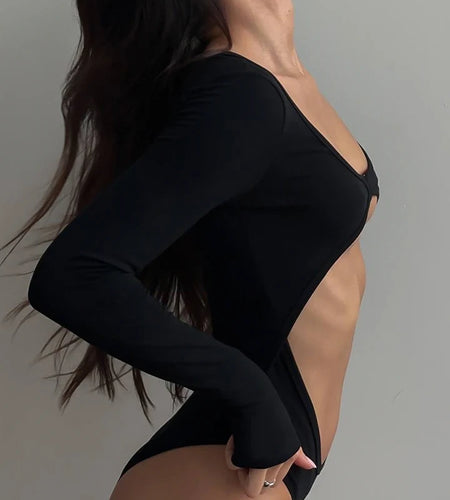 Sexy Black Hollow Out Skinny Bodysuit Women's Long Sleeve One Piece Clothing Open Crotch Design Beachwear Hot Rompers
