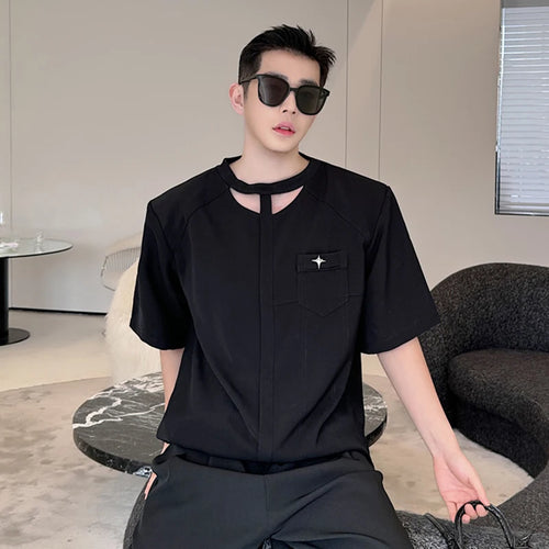 Load image into Gallery viewer, Summer Men&#39;s T-shirt Neckline Hollowed Out Niche Design Short Sleeve Male Top Casual Fashion Tide Black 9C5951
