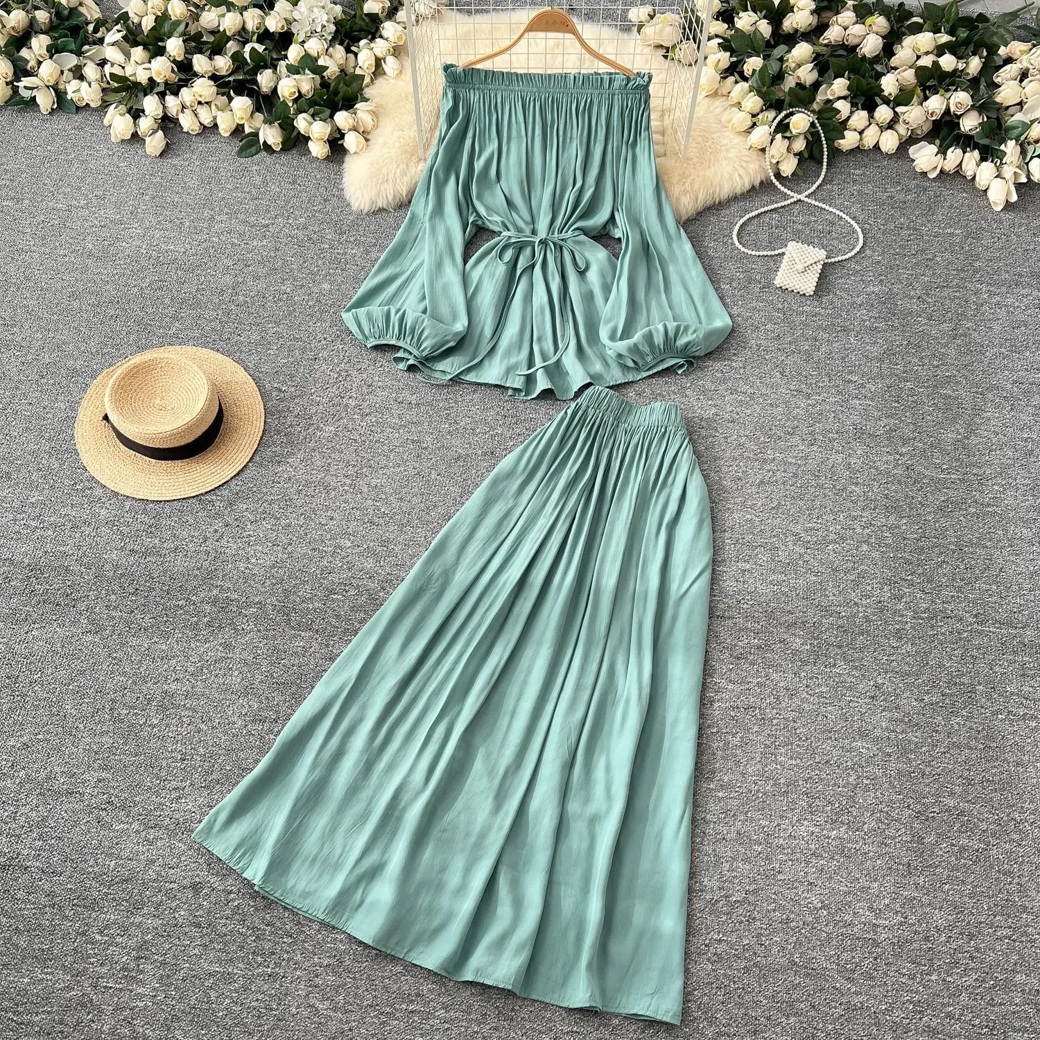 French Retro 2025 Women Solid Off Shoulder Elegant Lace-up Pleated Tops+ High Waist Party Long Skirt Spring Autumn Two Piece Set