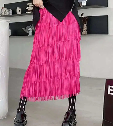 High Elastic Waist Red Pleated Tassels Long Elegant Half-body Skirt Women Fashion Tide New Spring Autumn 2025 1DF8296