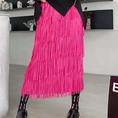 Load image into Gallery viewer, High Elastic Waist Red Pleated Tassels Long Elegant Half-body Skirt Women Fashion Tide New Spring Autumn 2025 1DF8296
