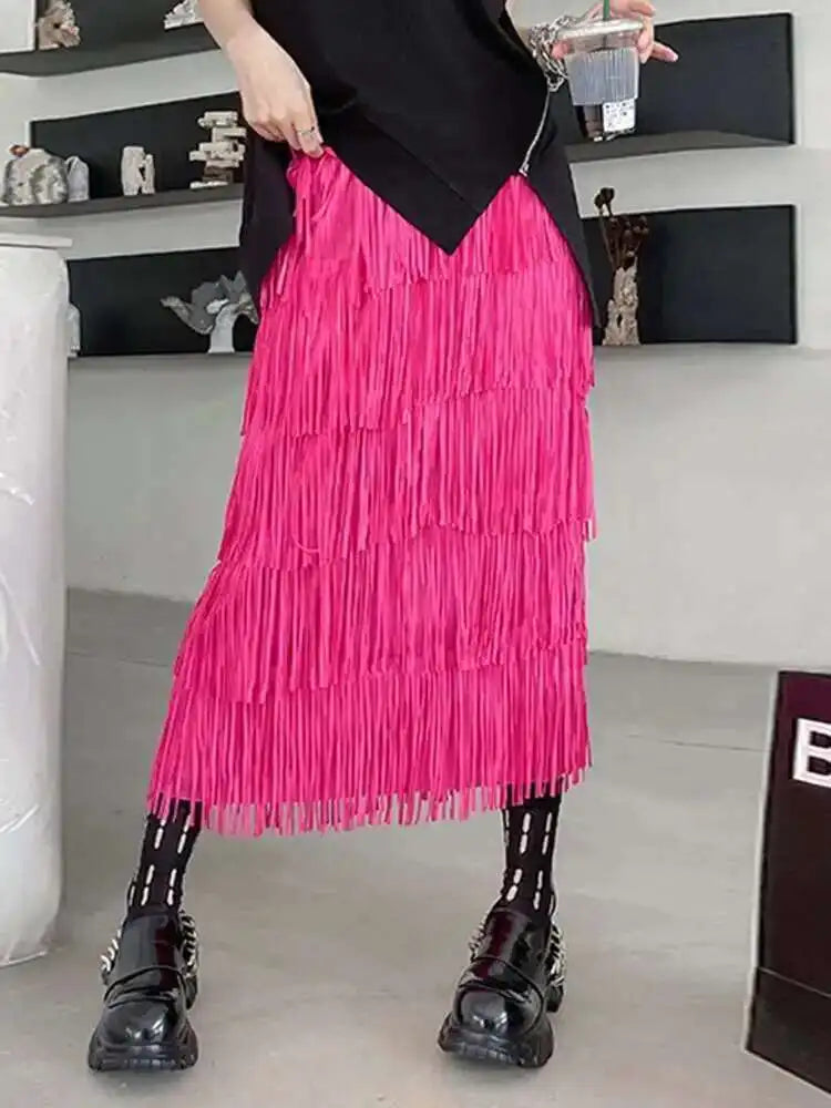 High Elastic Waist Red Pleated Tassels Long Elegant Half-body Skirt Women Fashion Tide New Spring Autumn 2025 1DF8296
