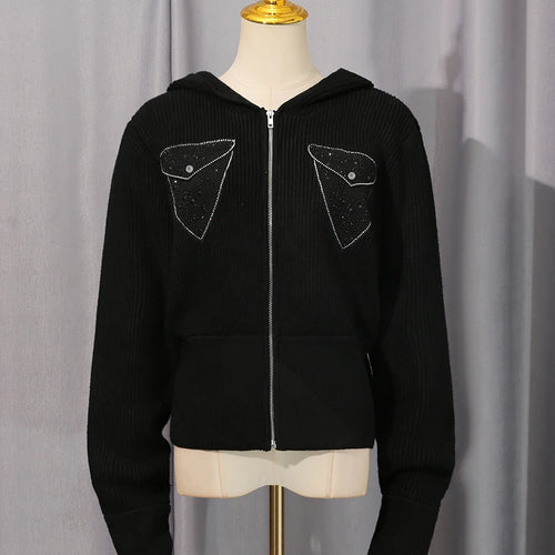 Load image into Gallery viewer, Solid Loose Spliced Zipper Fashion Sweaters for Women V Neck Long Sleeves Patchwork Pockets Sweater Female Clothing
