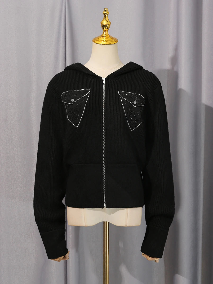 Solid Loose Spliced Zipper Fashion Sweaters for Women V Neck Long Sleeves Patchwork Pockets Sweater Female Clothing