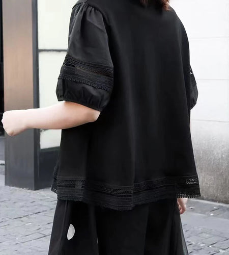 Women Black Lace Hollow Out Big Size Casual T-shirt New Round Neck Short Sleeve Fashion Tide Spring Summer 2025 1DJ1136
