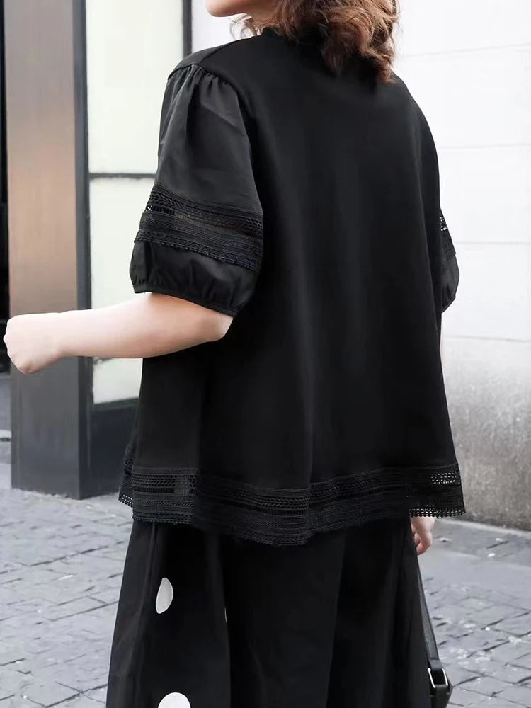 Women Black Lace Hollow Out Big Size Casual T-shirt New Round Neck Short Sleeve Fashion Tide Spring Summer 2025 1DJ1136