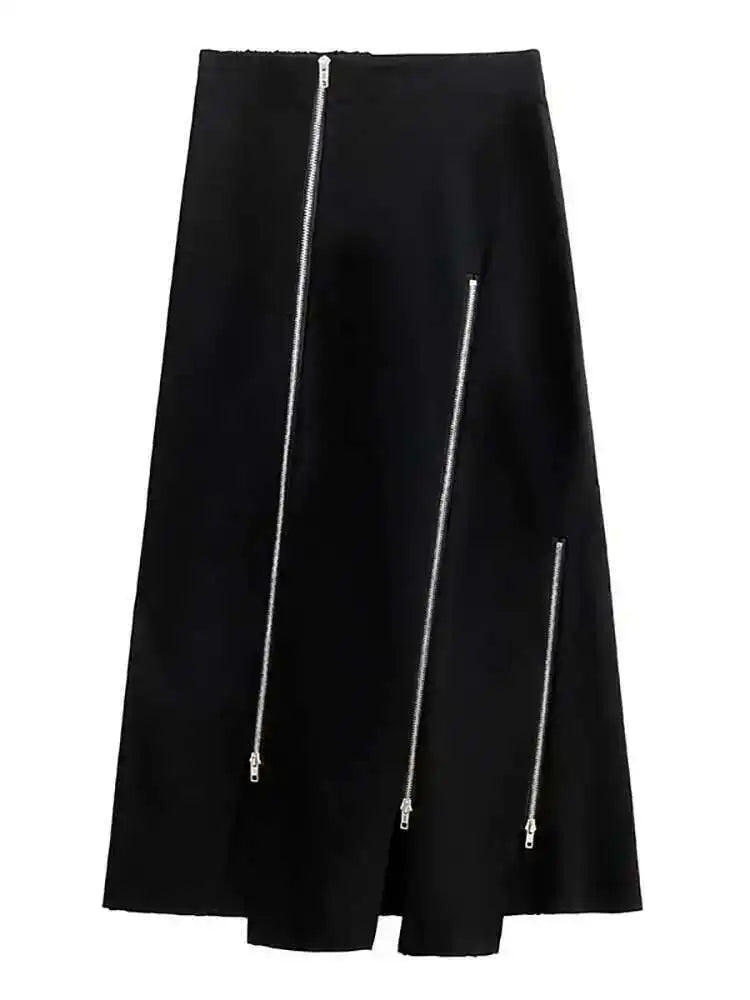 High Elastic Waist Black Zipper Splited A-line Half-body Skirt Loose Women Fashion Tide New Spring Autumn 2025 1DH4445
