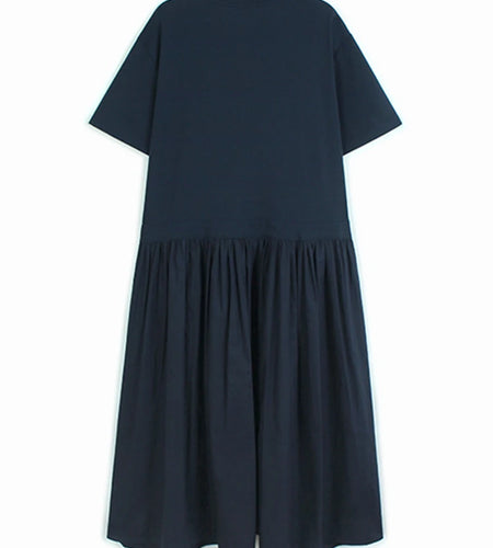 Women Blue Ruffles Spliced Pocket Big Size Midi Dress New Round Neck Short Sleeve Fashion Tide Spring Summer 2025 1DJ1325