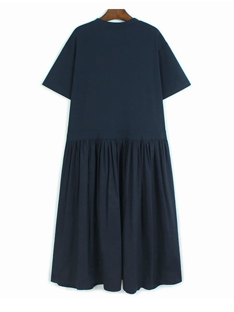 Women Blue Ruffles Spliced Pocket Big Size Midi Dress New Round Neck Short Sleeve Fashion Tide Spring Summer 2025 1DJ1325