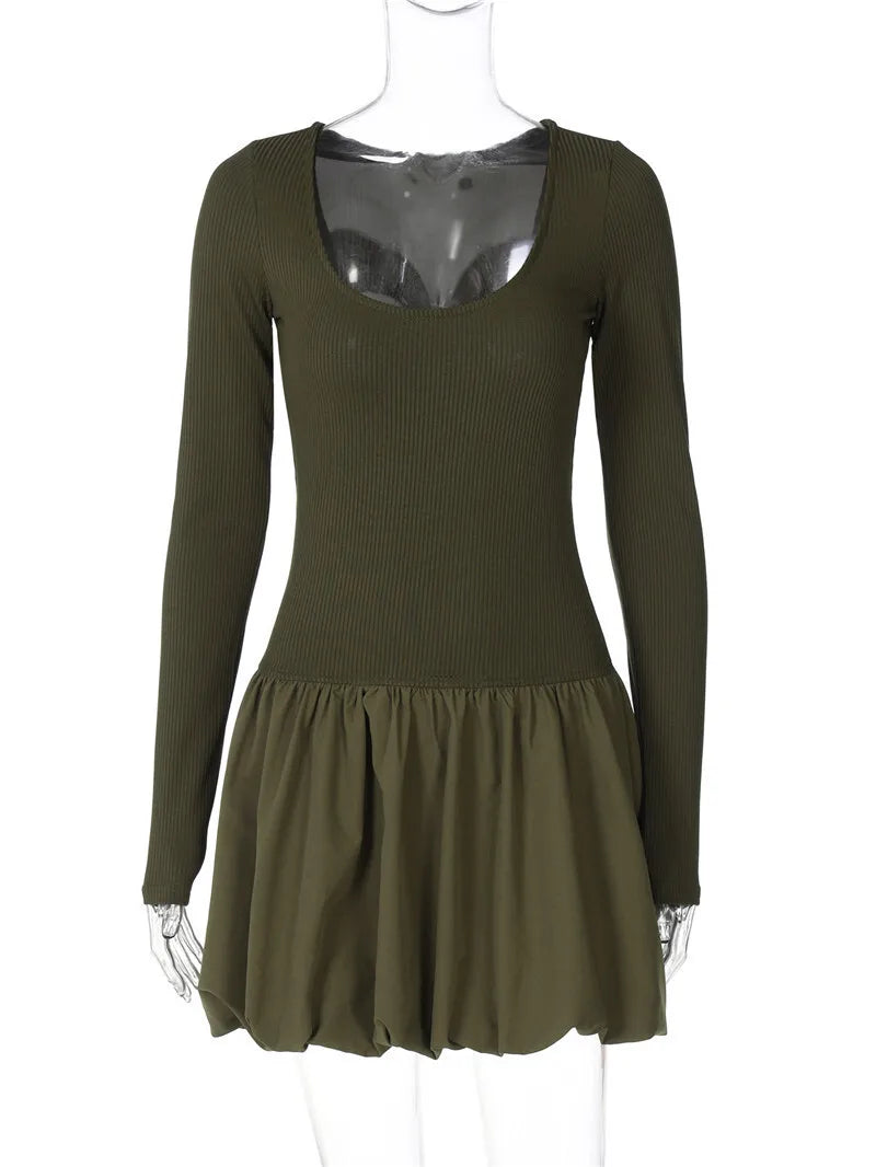 Long Sleeve Puffball Sexy Mini Dress For Women Autumn Winter New O Neck High Waist A-line Ruffled Pleated Dress