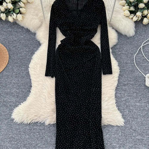 Load image into Gallery viewer, Autumn Women Fashion 2024 New Black Red Diamonds Elegant V Neck Long Sleeve Slim Evening Party Dress Gold Hollow Out Dress Robe

