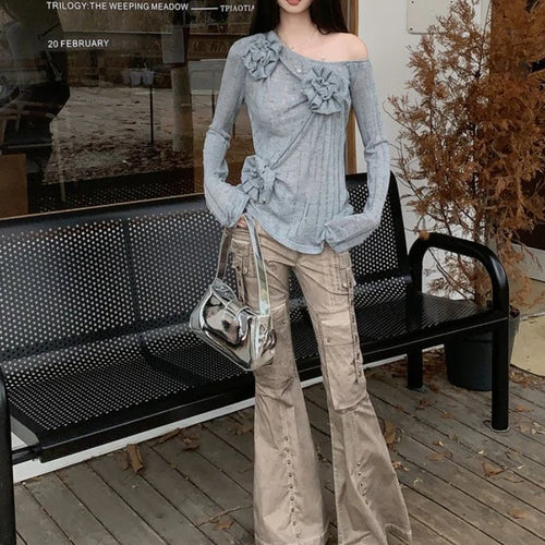 Load image into Gallery viewer, 2025 Y2k Aesthetic Vintage Solid Knitted Tees Spring Streetwear 3D Flower Tshirts Women Harajuku Grunge Skew Collar Grunge Tops
