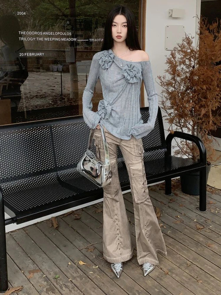 2025 Y2k Aesthetic Vintage Solid Knitted Tees Spring Streetwear 3D Flower Tshirts Women Harajuku Grunge Skew Collar Grunge Tops