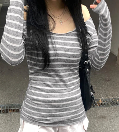 y2k Tops Women Grunge Clothes Striped Off Shoulder Long Sleeve Knitted T Shirt 2000s Punk Gothic Clothing Streetwear