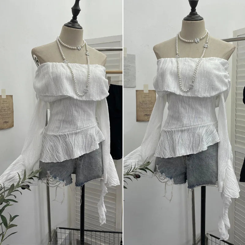 Harajuku Slash Neck Pleated Women Y2k Aesthetic Tops Y2k Aesthetic Irregular Ruffled T-shirt Grunge Sexy Flare Sleeve Fairy Tops