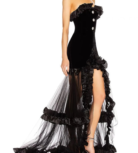 Solid Spliced Mesh Slimming Dresses For Women Strapless Sleeveless High Waist Temperament Split Dress Female New