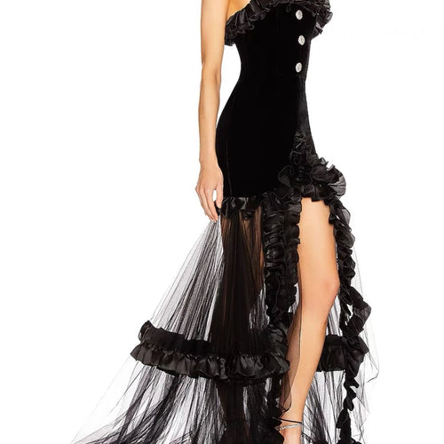 Load image into Gallery viewer, Solid Spliced Mesh Slimming Dresses For Women Strapless Sleeveless High Waist Temperament Split Dress Female New
