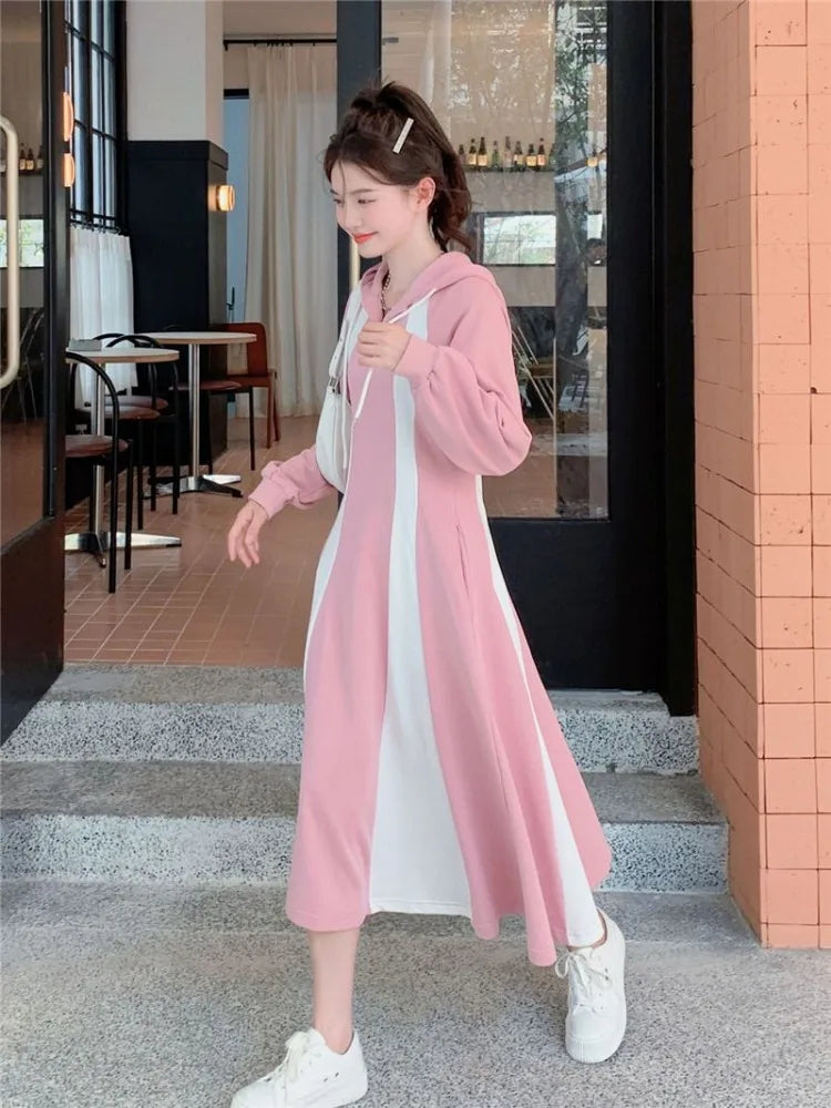 Korean Style School Hooded Dress Women Y2k Sport Casual Oversize Dresses Student Kpop Streetwear Autumn Witner