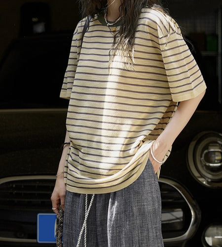 Yellow Stripe Thin Big Size Knitting Sweater Round Neck Half Sleeve Women Pullovers New Fashion Spring Summer 2025 1DJ1626