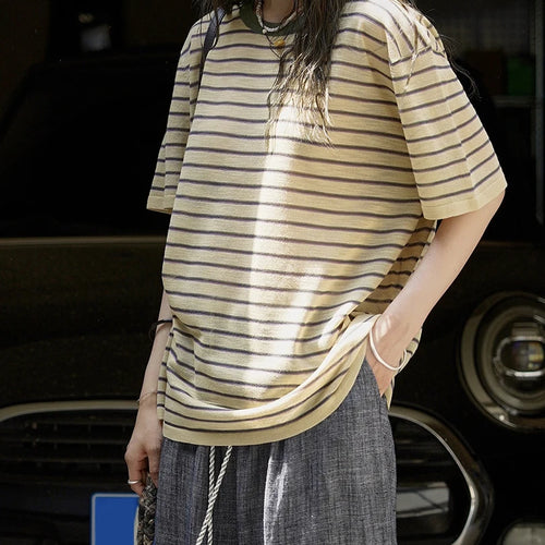 Load image into Gallery viewer, Yellow Stripe Thin Big Size Knitting Sweater Round Neck Half Sleeve Women Pullovers New Fashion Spring Summer 2025 1DJ1626
