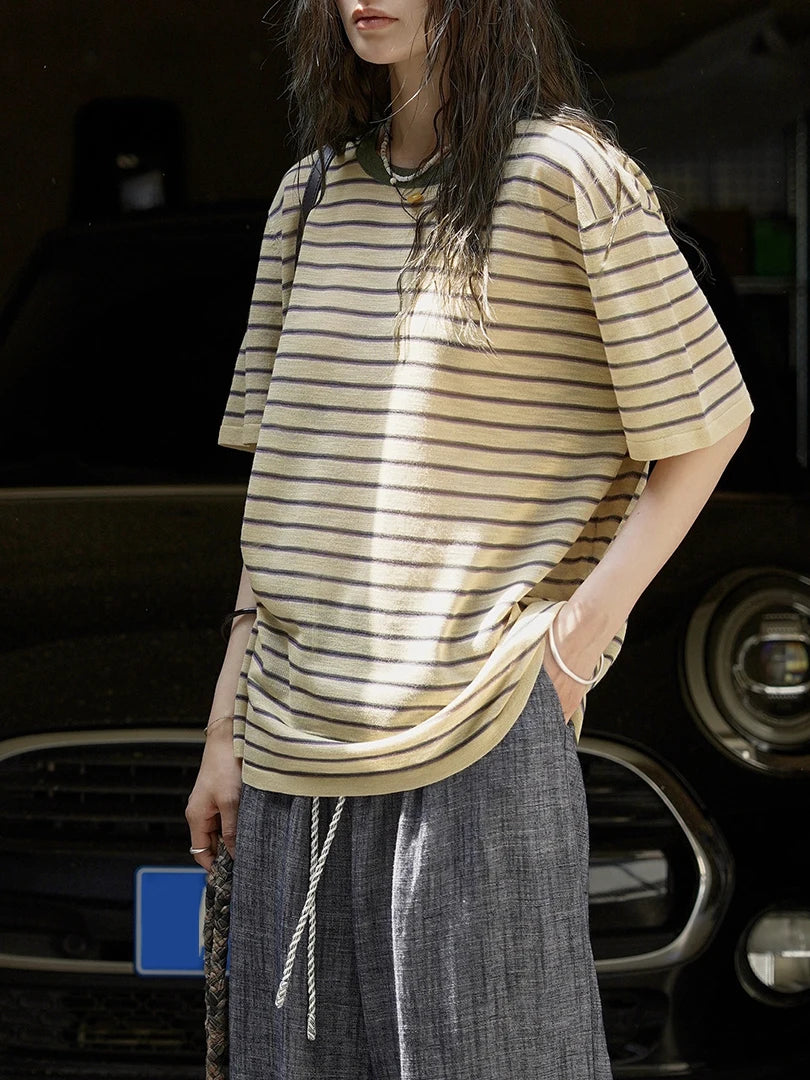 Yellow Stripe Thin Big Size Knitting Sweater Round Neck Half Sleeve Women Pullovers New Fashion Spring Summer 2025 1DJ1626