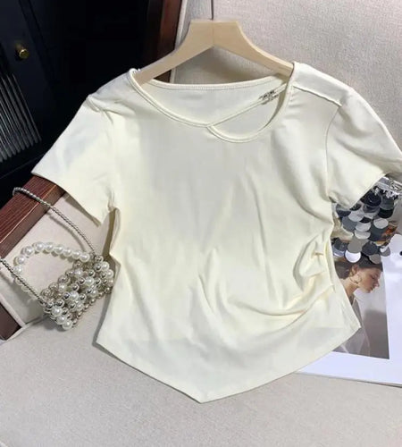 Summer Women V-neck Short-sleeve Irregular Pleated T-shirt Korean Version Solid Slim Hollow Out Cotton Tops Simplicity Popular