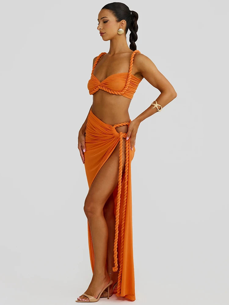 Summer Beach Sexy Two Piece Sets Women Strapless Crop Tops And Maxi Skirt Female Elegant Vacation Club 2 Piece Set