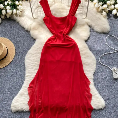 Load image into Gallery viewer, French Summer Fashion Women Black White Vacation Ruffle Edge Slip Long Dress Red Sexy Backless Slim Irregular Pleated Mesh Dress
