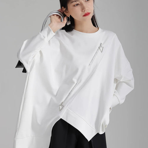 Load image into Gallery viewer, Black Irregular Hem Zipper Sweatshirt New Round Neck Long Sleeve Women Big Size Fashion Tide Spring Autumn 2025 1DH4308
