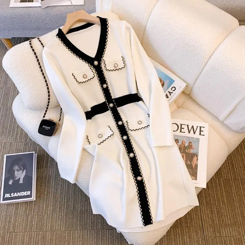 Load image into Gallery viewer, Autumn Winter Black White Patchwork Long Sleeves Knitted Dress French Women's Elegant Single Breasted Office Dress Fashion Trend
