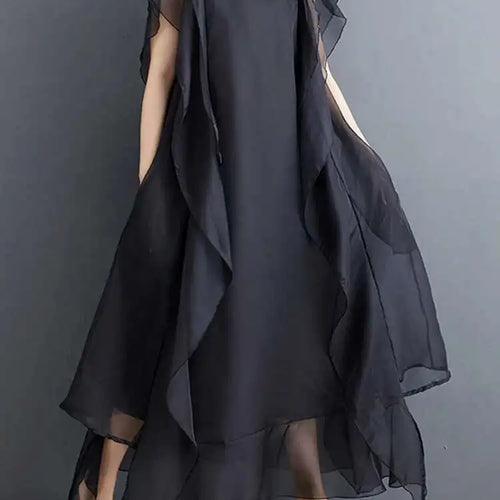 Load image into Gallery viewer, Women Black Ruffles Spliced Big Size Long Dress New Round Neck Short Sleeve Fashion Tide Spring Summer 2025 1DJ0327
