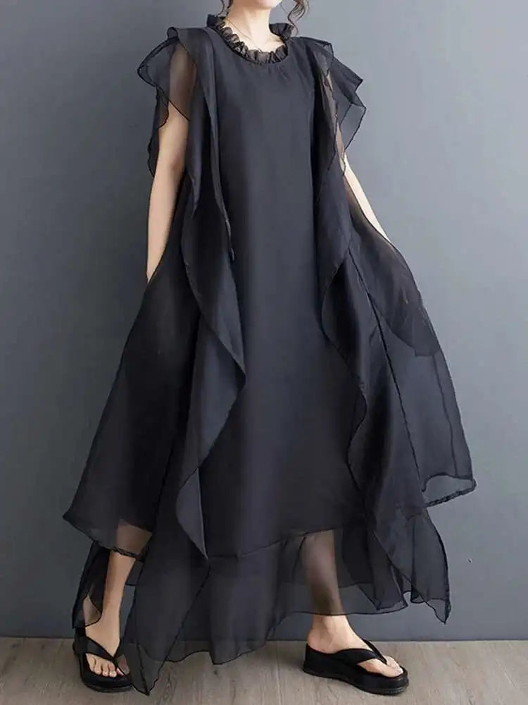 Women Black Ruffles Spliced Big Size Long Dress New Round Neck Short Sleeve Fashion Tide Spring Summer 2025 1DJ0327