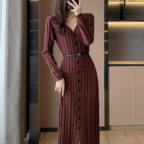 Load image into Gallery viewer, Autumn Winter Brown Single Breasted Knitted Sweater Dresses Women's Grey Elegant Office Ladies V-neck Split Dress Casual Fashion
