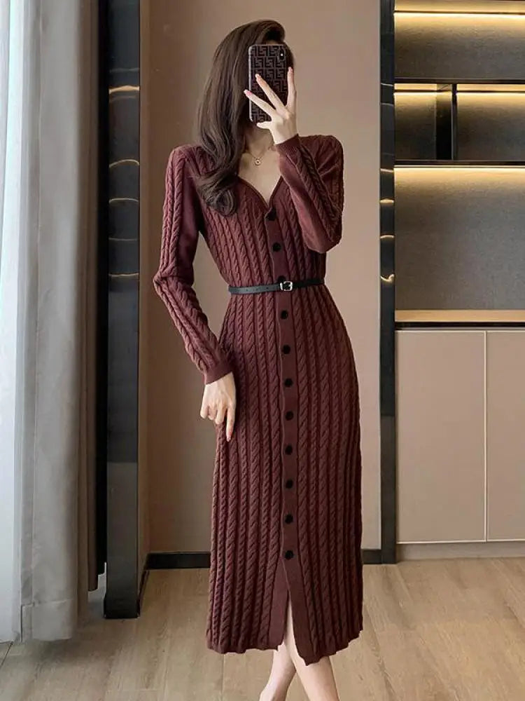 Autumn Winter Brown Single Breasted Knitted Sweater Dresses Women's Grey Elegant Office Ladies V-neck Split Dress Casual Fashion