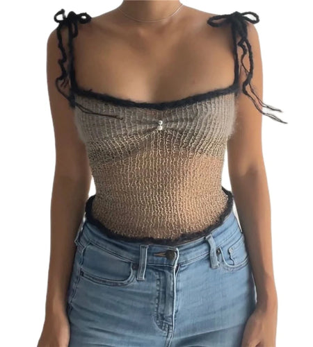 Aesthetic Crop Top y2k Women Contrast Color Spaghetti Strap Sleeveless Tanks Hollow Out Crochet Clothes Streetwear
