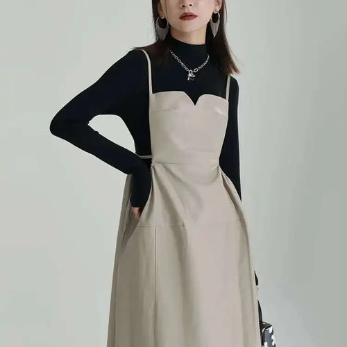 Load image into Gallery viewer, Women Apricot PU Leather Big Size Spaghetti Strap Dress New Square Collar Loose Fit Fashion Spring Autumn 2025 1DF4804
