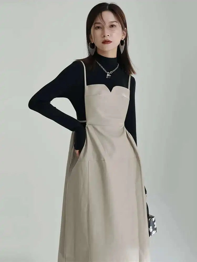 Women Apricot PU Leather Big Size Spaghetti Strap Dress New Square Collar Loose Fit Fashion Spring Autumn 2025 1DF4804