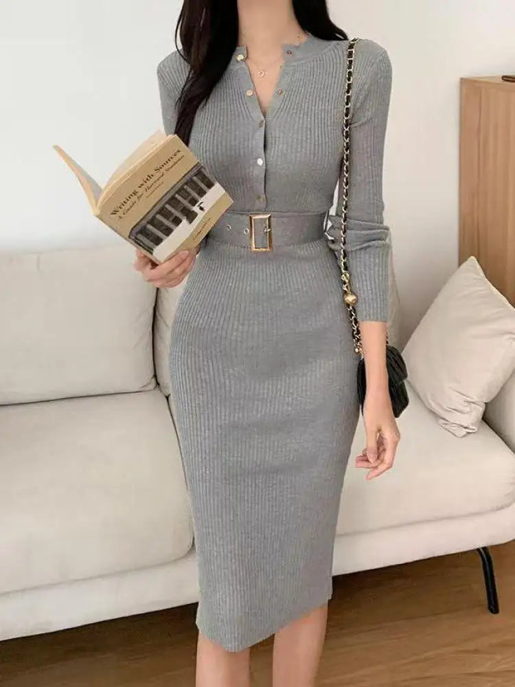 French Women Solid Single Breasted Long Sleeved Midi Dresses Autumn Winter New Temperament Slim Knitted A-line Dress Round Neck