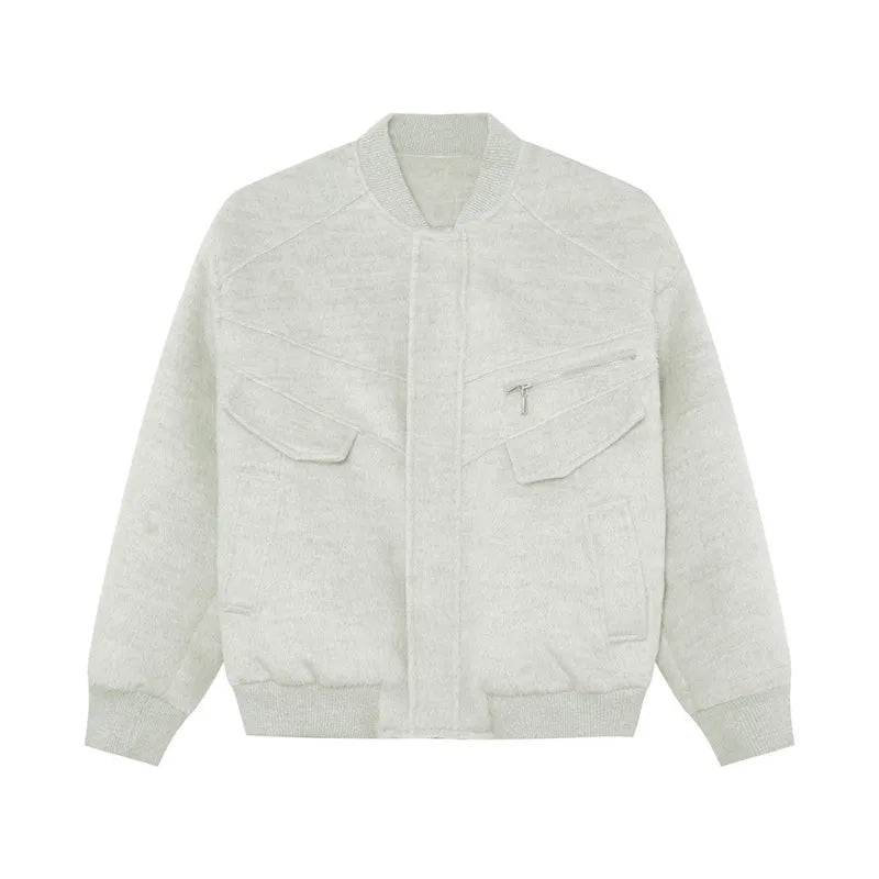 Korean Style Men's Woolen Jackets Round Collar Thick Zipper Patchwork Quilted Solid Color Casual Male Coats Simple 9C9216
