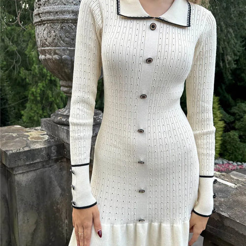 Load image into Gallery viewer, Autumn Long Sleeve Knit Dress For Women Fashion Lapel Single-btrasted Button High Waist Ruffled Mini Dress Knitwear
